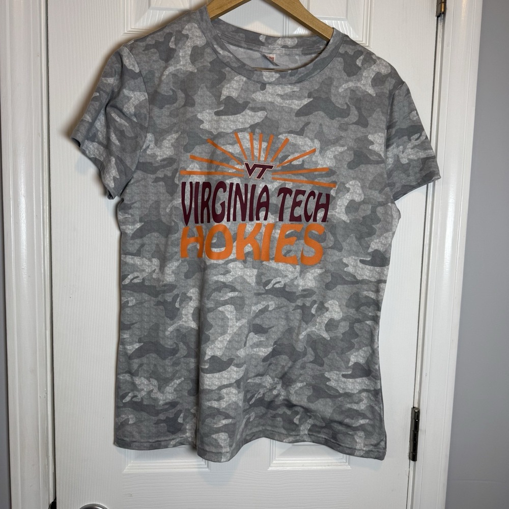 Virginia Tech Hokies T-Shirt‎ Women's Large Gray Camo Pattern Sideline Apparel